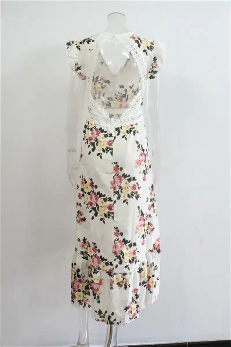 2018 Elegant flower print lace maxi dress vestidos Sexy deep V neck backless summer dress Women boho asymmetrical long dress 26