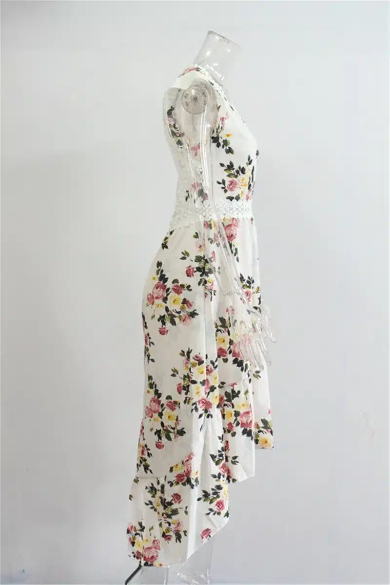 2018 Elegant flower print lace maxi dress vestidos Sexy deep V neck backless summer dress Women boho asymmetrical long dress 27