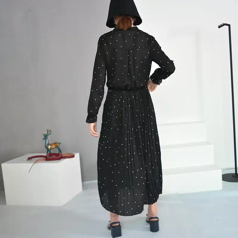 [EAM] 2018 New Autumn Round Neck Long Sleeve Solid Black Chiffon Dot Loose Big Size Dress Women Fashion Tide JA23601M 15