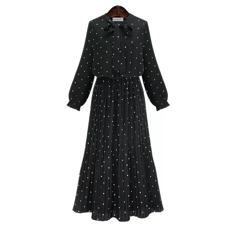 [EAM] 2018 New Autumn Round Neck Long Sleeve Solid Black Chiffon Dot Loose Big Size Dress Women Fashion Tide JA23601M 19
