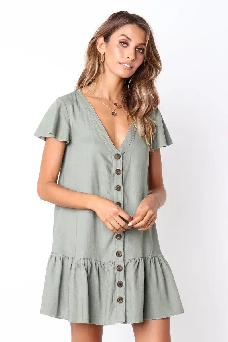 Casual White/Green Mini Dress Women Cotton Single-Breasted Button Ruffles Short Sleeve Dress Solid Red Loose Dress Summer 2018 13
