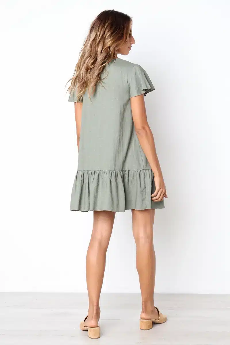 Casual White/Green Mini Dress Women Cotton Single-Breasted Button Ruffles Short Sleeve Dress Solid Red Loose Dress Summer 2018 16