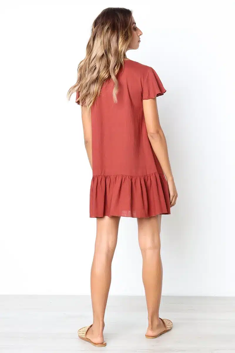 Casual White/Green Mini Dress Women Cotton Single-Breasted Button Ruffles Short Sleeve Dress Solid Red Loose Dress Summer 2018 26
