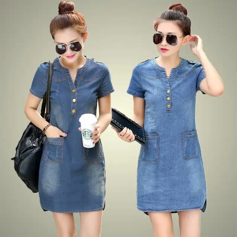 2018 new arrival summer women denim dresses short sleeves loose A word dresses plus sizes v-neck solid denim dresses 176A 25 17