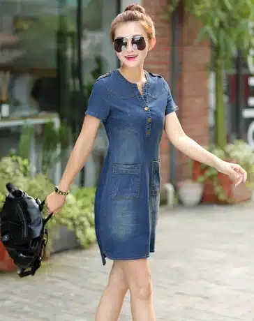 2018 new arrival summer women denim dresses short sleeves loose A word dresses plus sizes v-neck solid denim dresses 176A 25 18