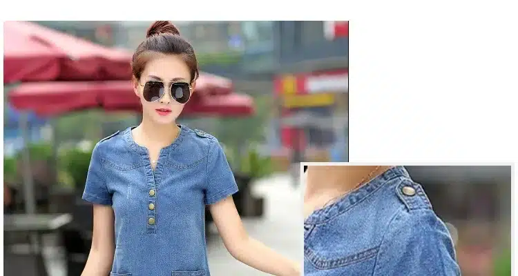 2018 new arrival summer women denim dresses short sleeves loose A word dresses plus sizes v-neck solid denim dresses 176A 25 21