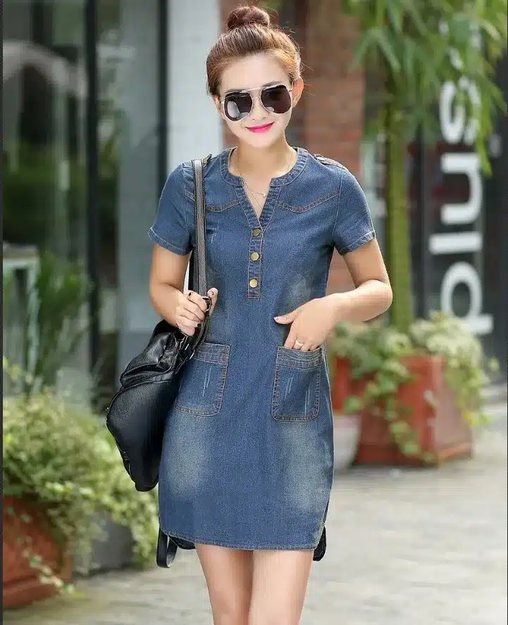 2018 new arrival summer women denim dresses short sleeves loose A word dresses plus sizes v-neck solid denim dresses 176A 25 28