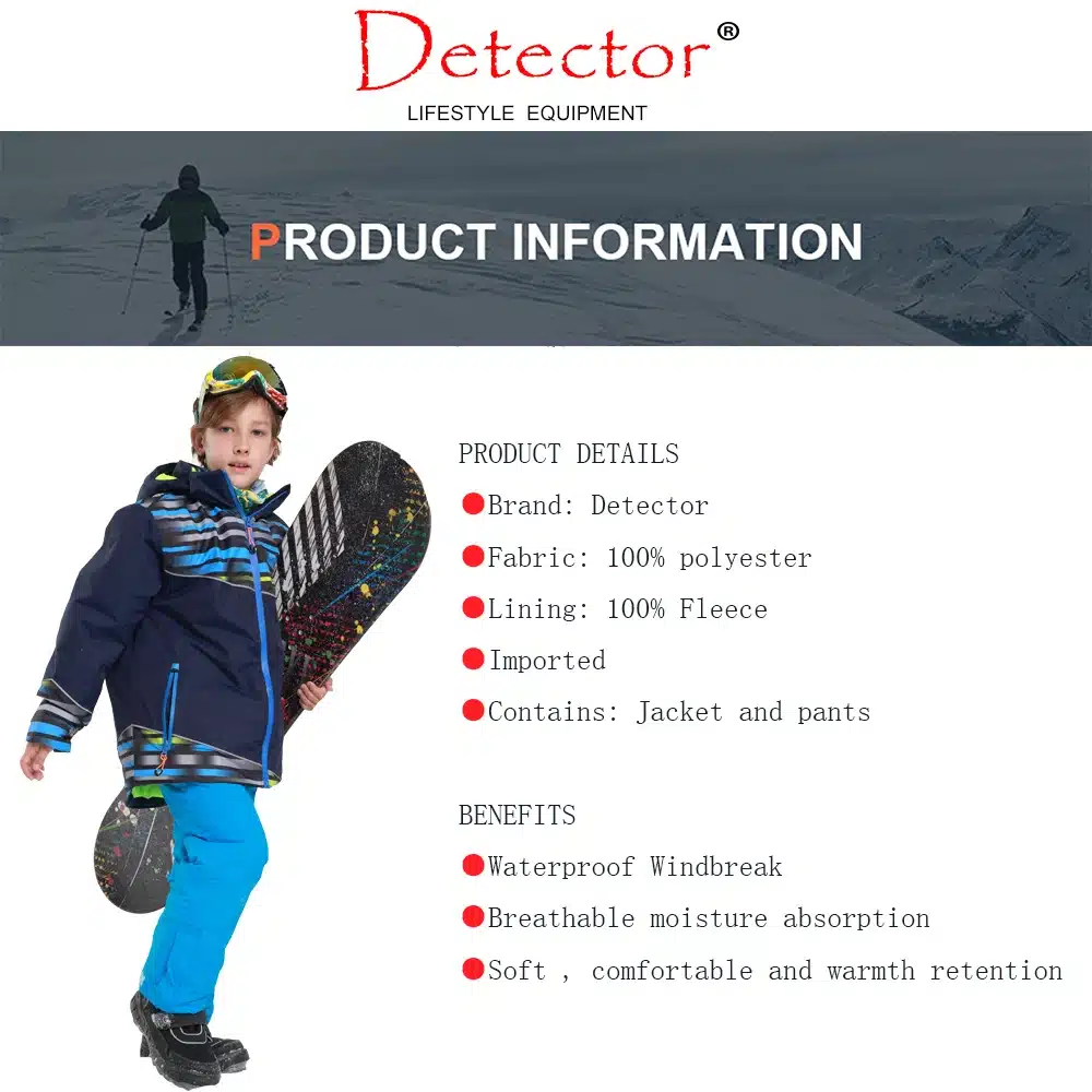 Detector Boys Outdoor Ski Set Waterproof Windproof Warm Ski Jacket Kids Winter Snowboard Suit 1