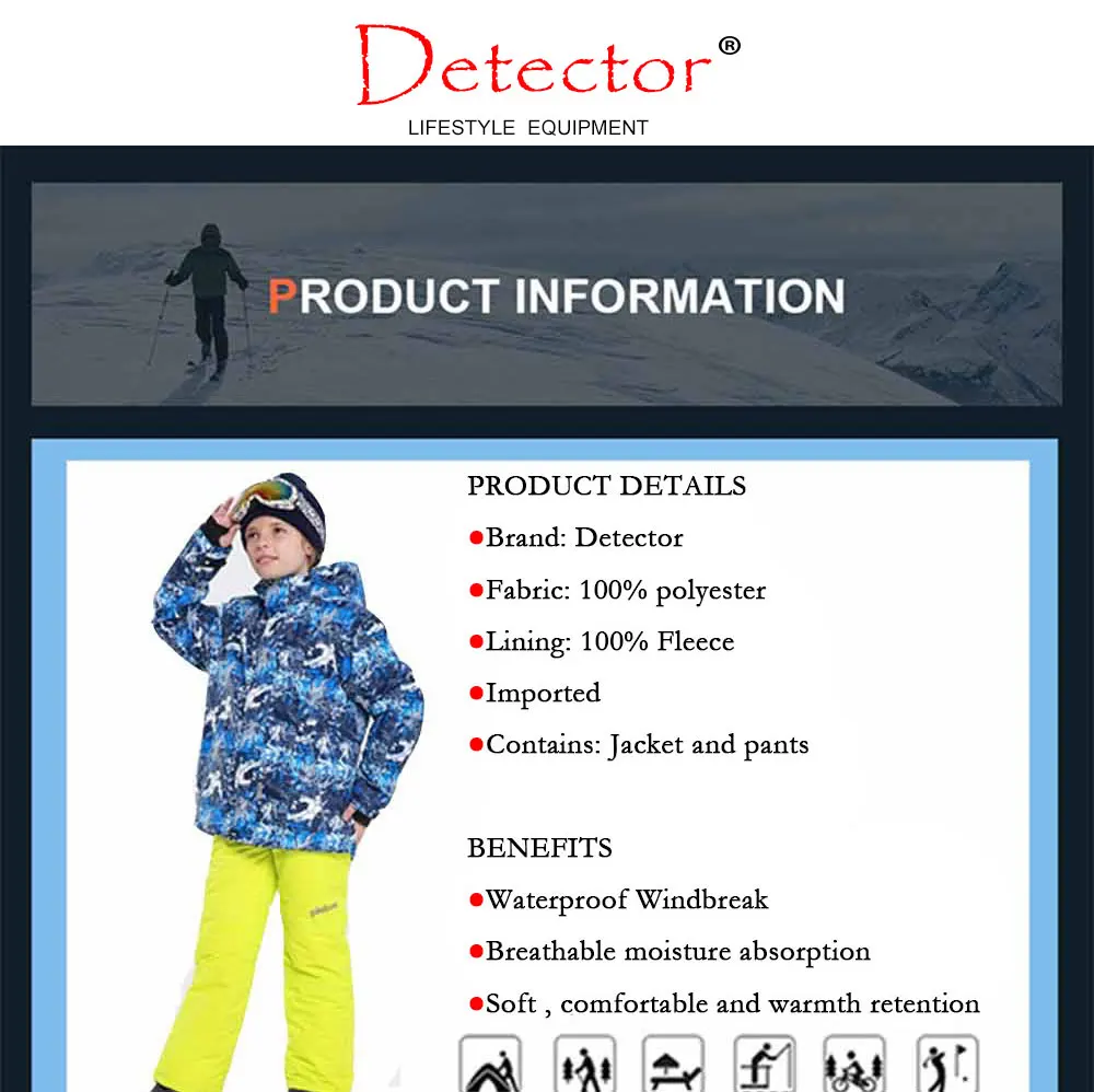 Detector Boys Winter Waterproof Windproof Ski Sets Kids Warm Ski Jacket Children Outdoor Hooded Snowboard Sports Suits 1