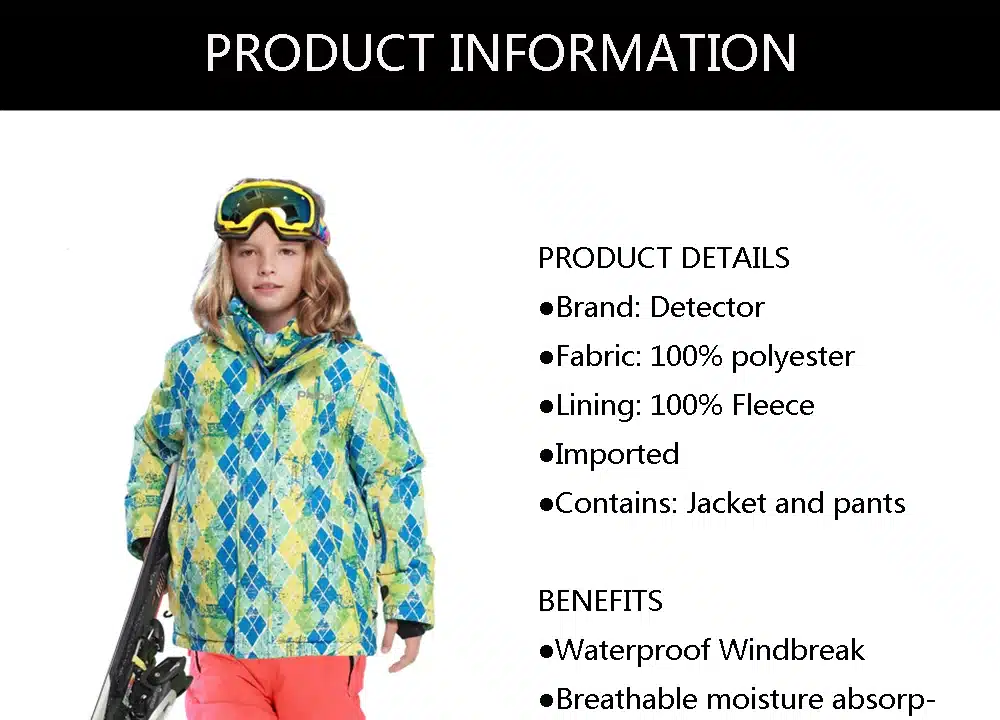 New arrival Brand Detector Children's ski&snowboard suits thick warm windproof&waterproof jacket and pant for boys and girls 2