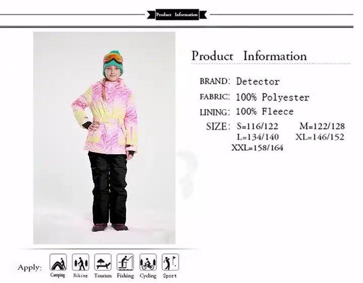 Detector Girls Ski Set Winter Warm Ski Jacket Chilldren Outdoor Waterproof Windproof Snowboard Suit 6