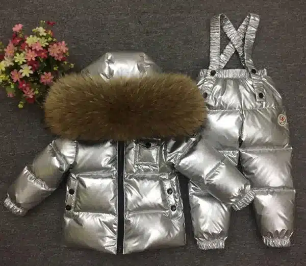 Children's Sets boy girl child's baby extra thick down jacket is full of animal hair collar ski suit top and trousers 10