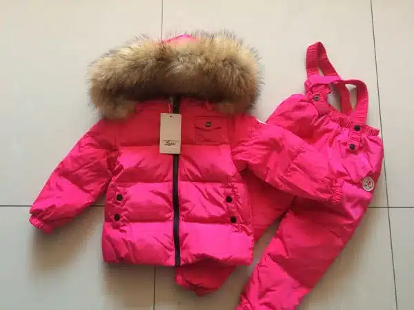 Children's Sets boy girl child's baby extra thick down jacket is full of animal hair collar ski suit top and trousers 18