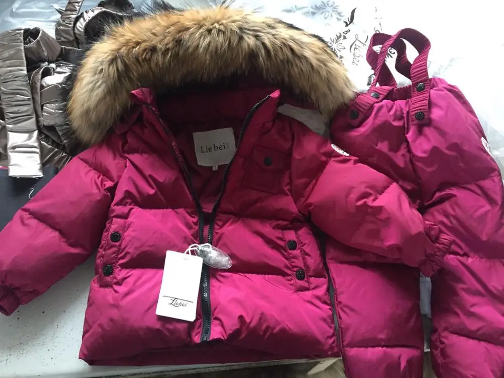 Children's Sets boy girl child's baby extra thick down jacket is full of animal hair collar ski suit top and trousers 19