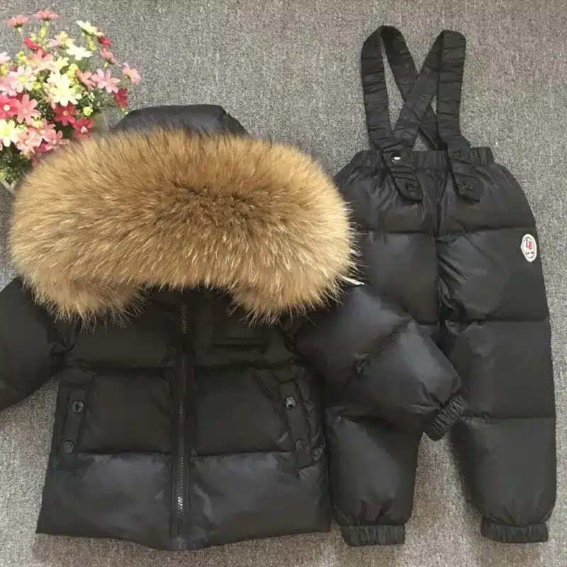 Children's Sets boy girl child's baby extra thick down jacket is full of animal hair collar ski suit top and trousers 20