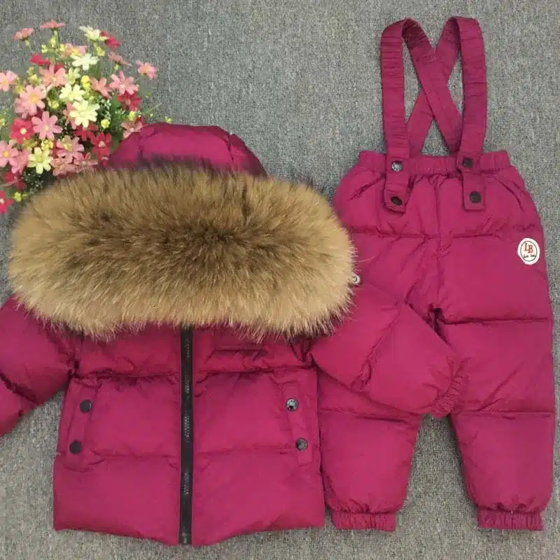 Children's Sets boy girl child's baby extra thick down jacket is full of animal hair collar ski suit top and trousers 21