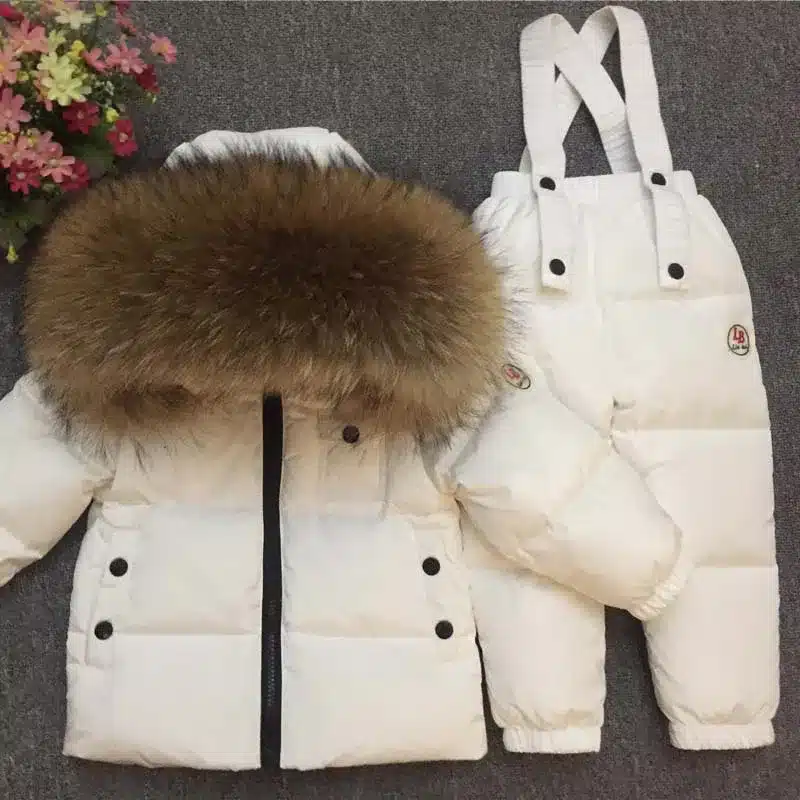 Children's Sets boy girl child's baby extra thick down jacket is full of animal hair collar ski suit top and trousers 23
