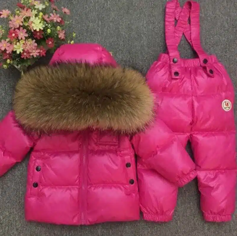 Children's Sets boy girl child's baby extra thick down jacket is full of animal hair collar ski suit top and trousers 24