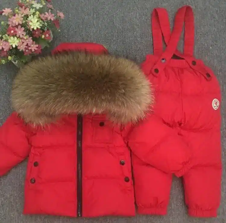 Children's Sets boy girl child's baby extra thick down jacket is full of animal hair collar ski suit top and trousers 25