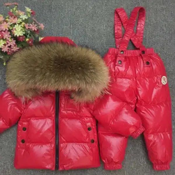 Children's Sets boy girl child's baby extra thick down jacket is full of animal hair collar ski suit top and trousers 28