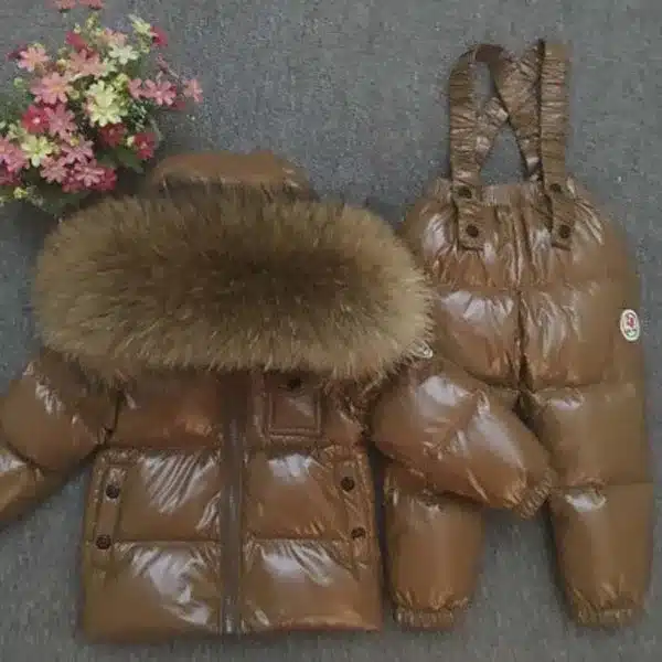 Children's Sets boy girl child's baby extra thick down jacket is full of animal hair collar ski suit top and trousers 30