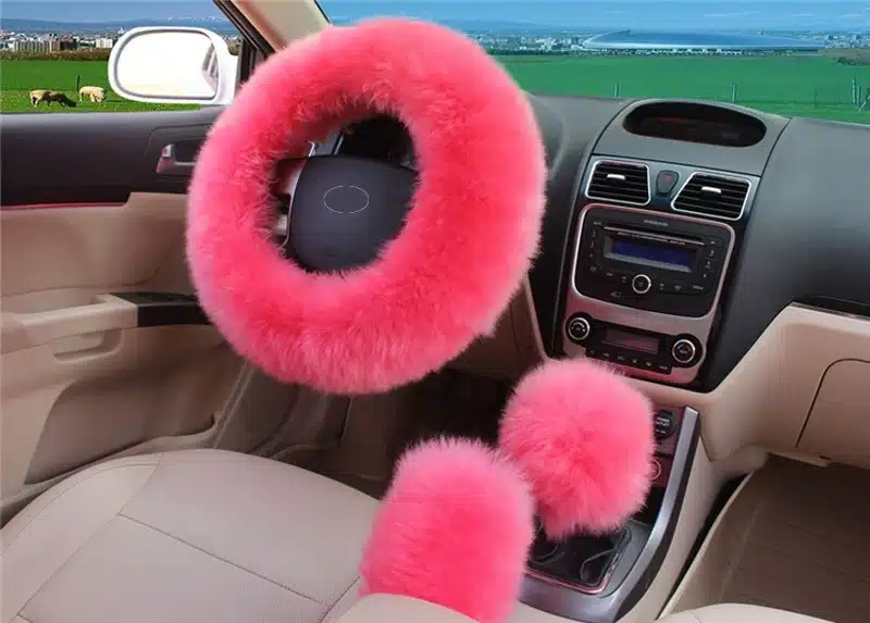 HuiER 3pcs/set Winter Car Steering-wheel Cover 7 Colors Long Australian Wool Heated Fur Genuine Leather Steering Wheel Cover 9