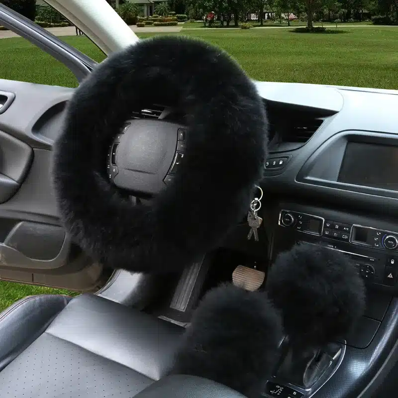 HuiER 3pcs/set Winter Car Steering-wheel Cover 7 Colors Long Australian Wool Heated Fur Genuine Leather Steering Wheel Cover 12