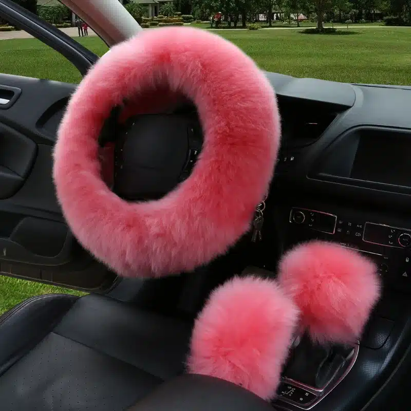 HuiER 3pcs/set Winter Car Steering-wheel Cover 7 Colors Long Australian Wool Heated Fur Genuine Leather Steering Wheel Cover 14