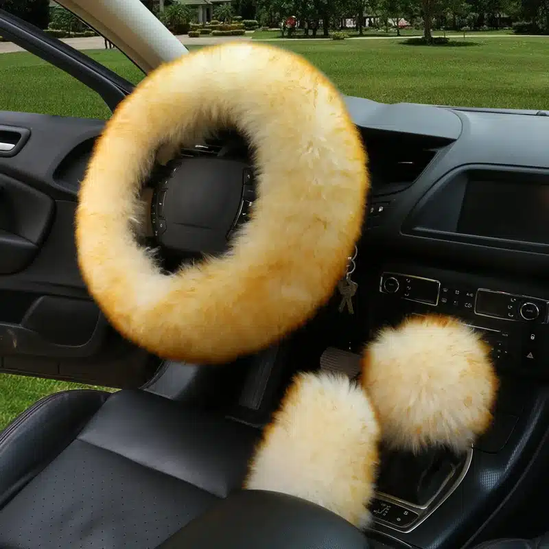 HuiER 3pcs/set Winter Car Steering-wheel Cover 7 Colors Long Australian Wool Heated Fur Genuine Leather Steering Wheel Cover 16