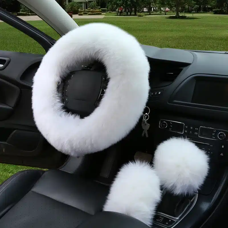 HuiER 3pcs/set Winter Car Steering-wheel Cover 7 Colors Long Australian Wool Heated Fur Genuine Leather Steering Wheel Cover 17