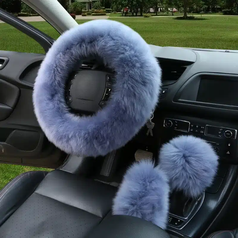 HuiER 3pcs/set Winter Car Steering-wheel Cover 7 Colors Long Australian Wool Heated Fur Genuine Leather Steering Wheel Cover 18
