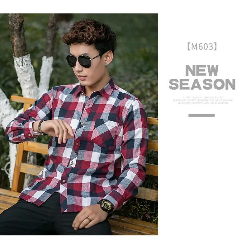 Men's Plaid Flannel Shirt Slim Fit Soft Spring Male Shirt Brand Men's Business Casual Long-sleeved Shirts Plus Size 5XL 6XL 10