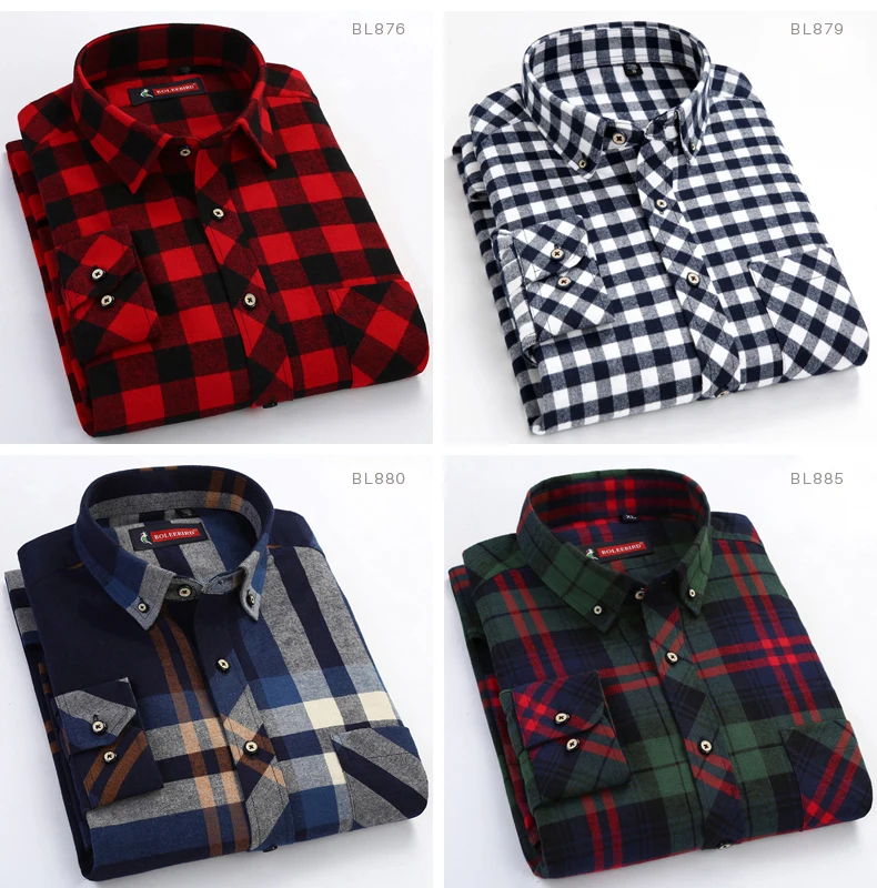 Men's Long Sleeve Plaid Checked Flannel Shirt with Pocket Slim-fit Comfortable Soft 100% Cotton Smart Casual Button-down Shirts 12