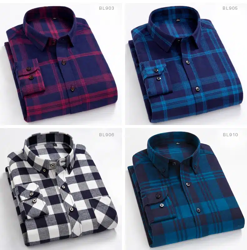 Men's Long Sleeve Plaid Checked Flannel Shirt with Pocket Slim-fit Comfortable Soft 100% Cotton Smart Casual Button-down Shirts 14