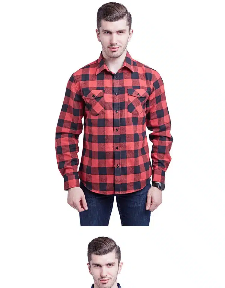 JZ CHIEF Men Flannel Shirt Long Sleeve Male Social Shirt 100% Cotton Casual Business Plaid Shirts Two Chest Pockets With Cover 7