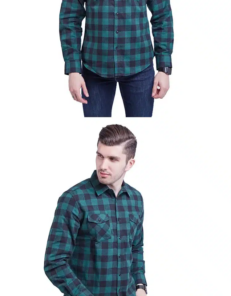 JZ CHIEF Men Flannel Shirt Long Sleeve Male Social Shirt 100% Cotton Casual Business Plaid Shirts Two Chest Pockets With Cover 9