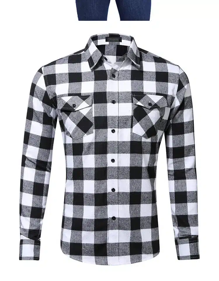 JZ CHIEF Men Flannel Shirt Long Sleeve Male Social Shirt 100% Cotton Casual Business Plaid Shirts Two Chest Pockets With Cover 11
