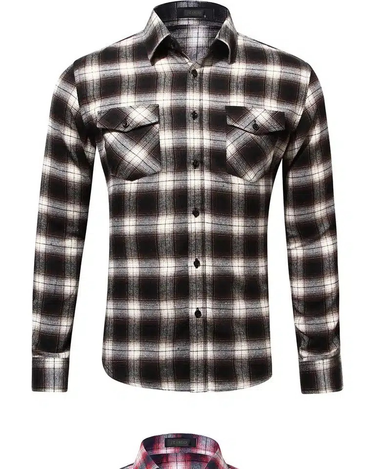 JZ CHIEF Men Flannel Shirt Long Sleeve Male Social Shirt 100% Cotton Casual Business Plaid Shirts Two Chest Pockets With Cover 12