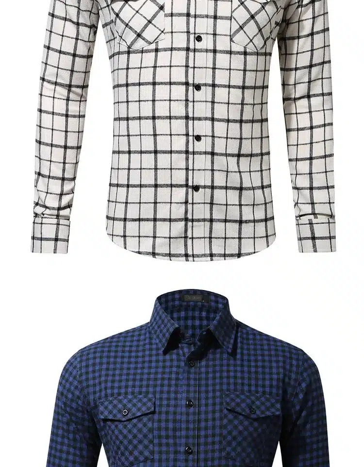 JZ CHIEF Men Flannel Shirt Long Sleeve Male Social Shirt 100% Cotton Casual Business Plaid Shirts Two Chest Pockets With Cover 15