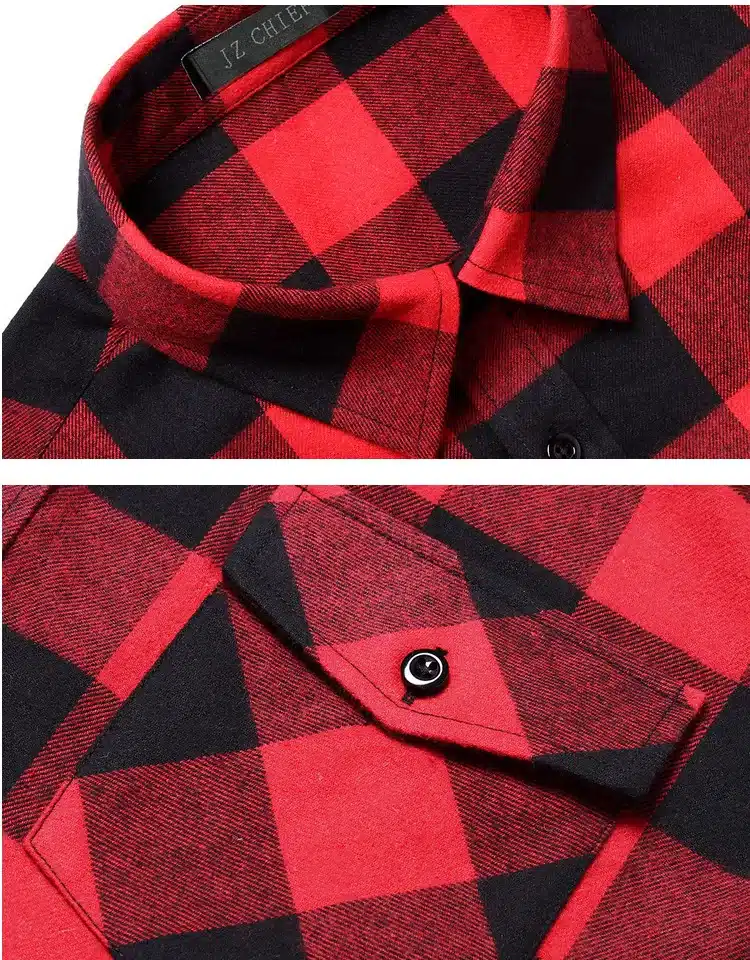 JZ CHIEF Men Flannel Shirt Long Sleeve Male Social Shirt 100% Cotton Casual Business Plaid Shirts Two Chest Pockets With Cover 21