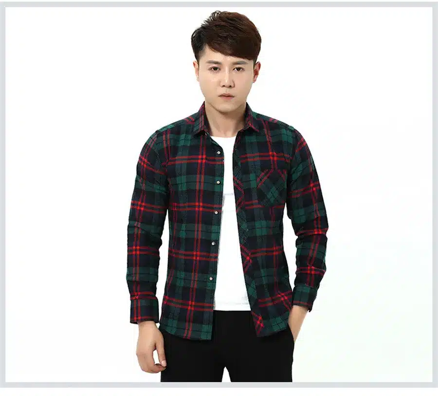 Red Black Plaid Shirt Men Social Slim Fit Casual Mens Long Sleeve Shirt Brushed Tartan Clothing Flannel Shirts Male Camisa 30