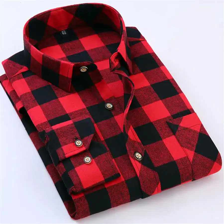 Red Black Plaid Shirt Men Social Slim Fit Casual Mens Long Sleeve Shirt Brushed Tartan Clothing Flannel Shirts Male Camisa 35