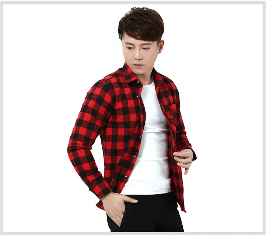 Red Black Plaid Shirt Men Social Slim Fit Casual Mens Long Sleeve Shirt Brushed Tartan Clothing Flannel Shirts Male Camisa 36