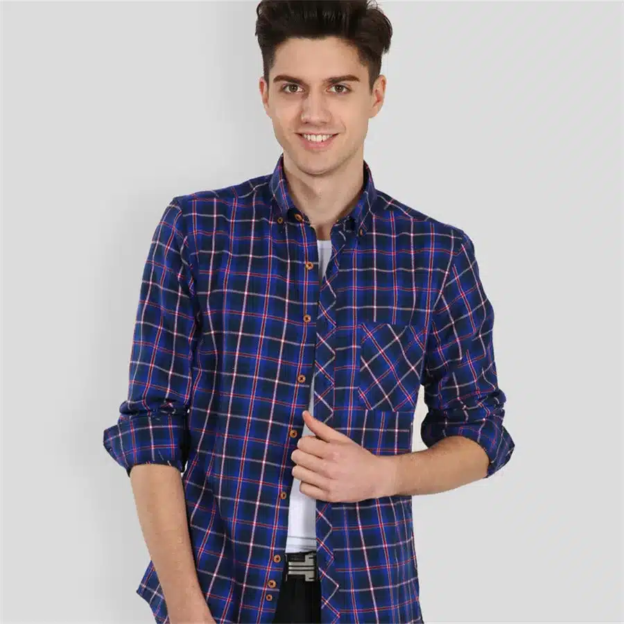 Red Black Plaid Shirt Men Social Slim Fit Casual Mens Long Sleeve Shirt Brushed Tartan Clothing Flannel Shirts Male Camisa 40