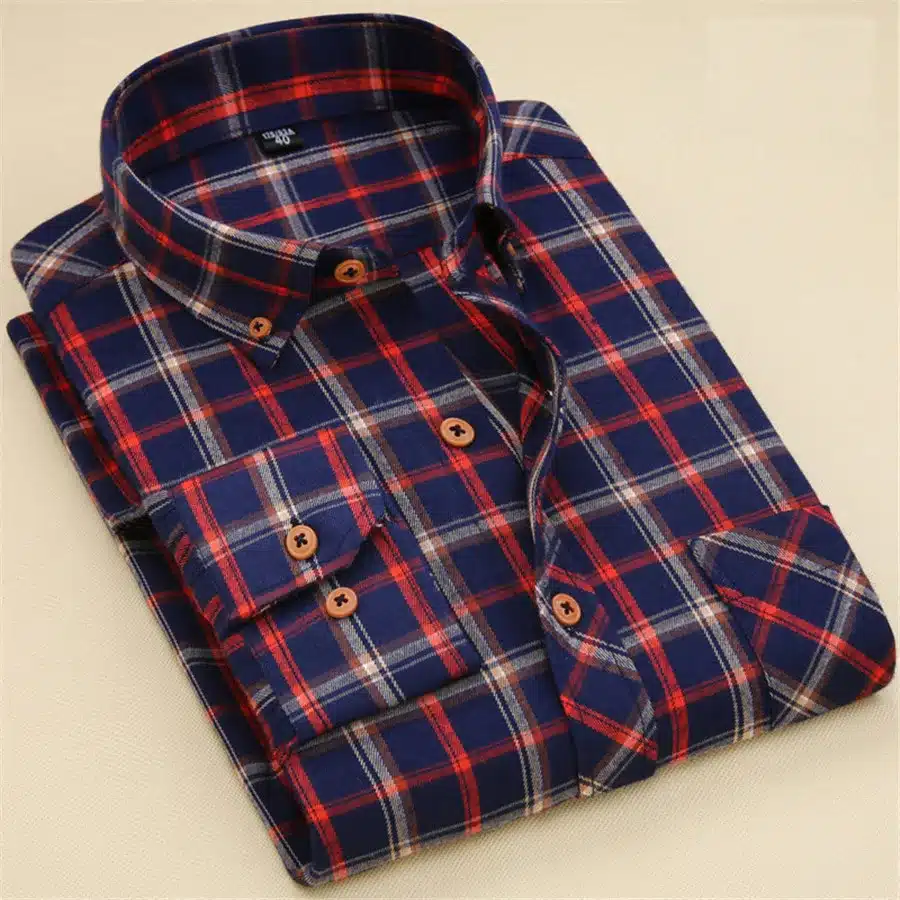 Red Black Plaid Shirt Men Social Slim Fit Casual Mens Long Sleeve Shirt Brushed Tartan Clothing Flannel Shirts Male Camisa 43