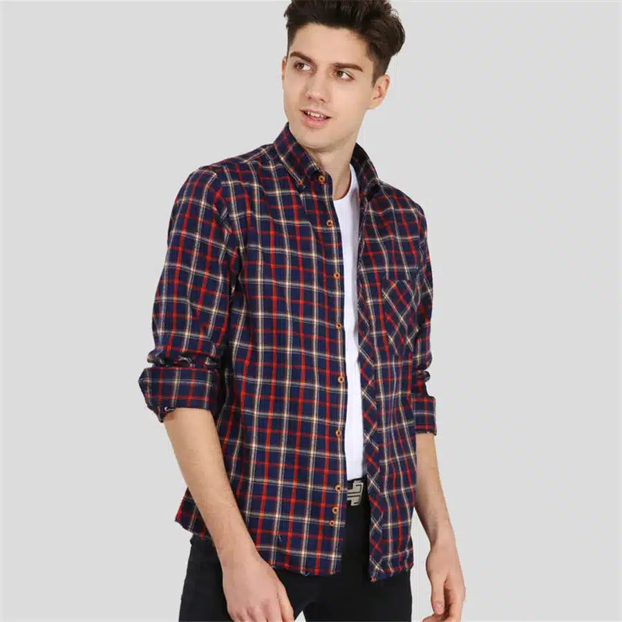 Red Black Plaid Shirt Men Social Slim Fit Casual Mens Long Sleeve Shirt Brushed Tartan Clothing Flannel Shirts Male Camisa 44