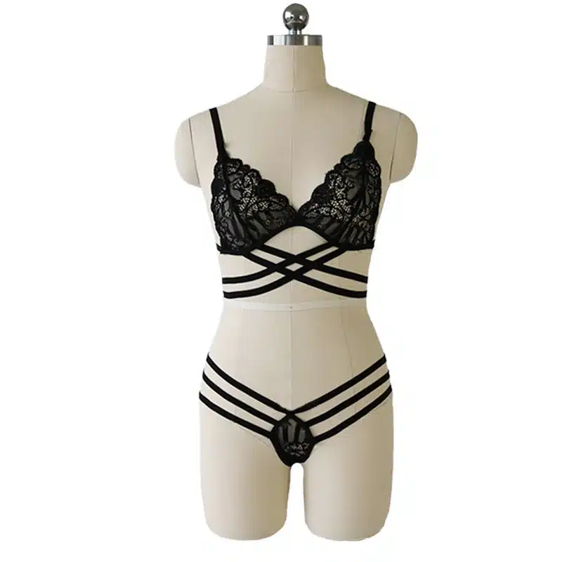 Translucent Bandage Lace Cross Belt Hollow Bra 2018 Sexy Lingerie Bra Set Intimates Ladies Underwear Set Lace Bra and Panty Set 9