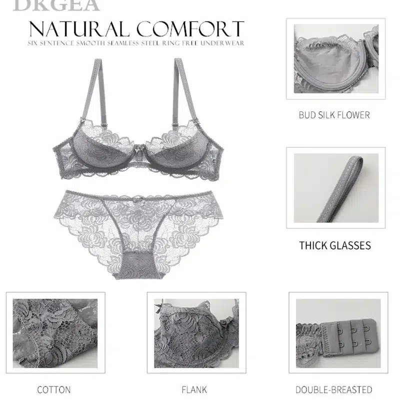 Hollow Sexy Bra Ultrathin Underwear Set Plus Size C D Cup Women Transparent Bra Sets Lace Embroidery Lingerie Gray Brassiere 9