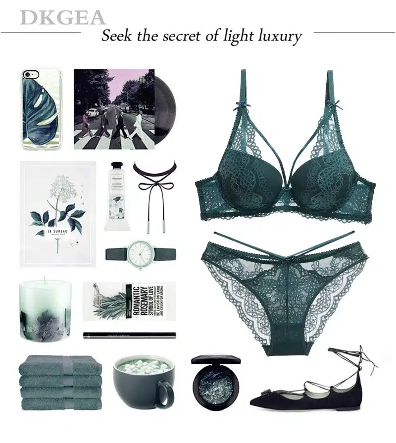 New Green Underwear Set Women Bra Push Up Brassiere Cotton Thick Black Gather Sexy Bra Panties Sets Embroidery Lace Lingerie Set 6