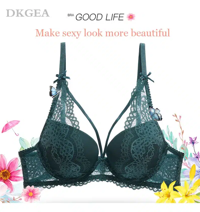 New Green Underwear Set Women Bra Push Up Brassiere Cotton Thick Black Gather Sexy Bra Panties Sets Embroidery Lace Lingerie Set 7